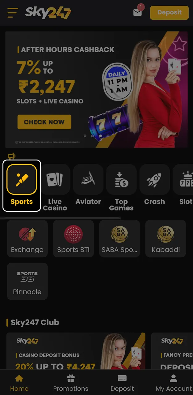 Top up your account and select a match or tournament on Sky247.