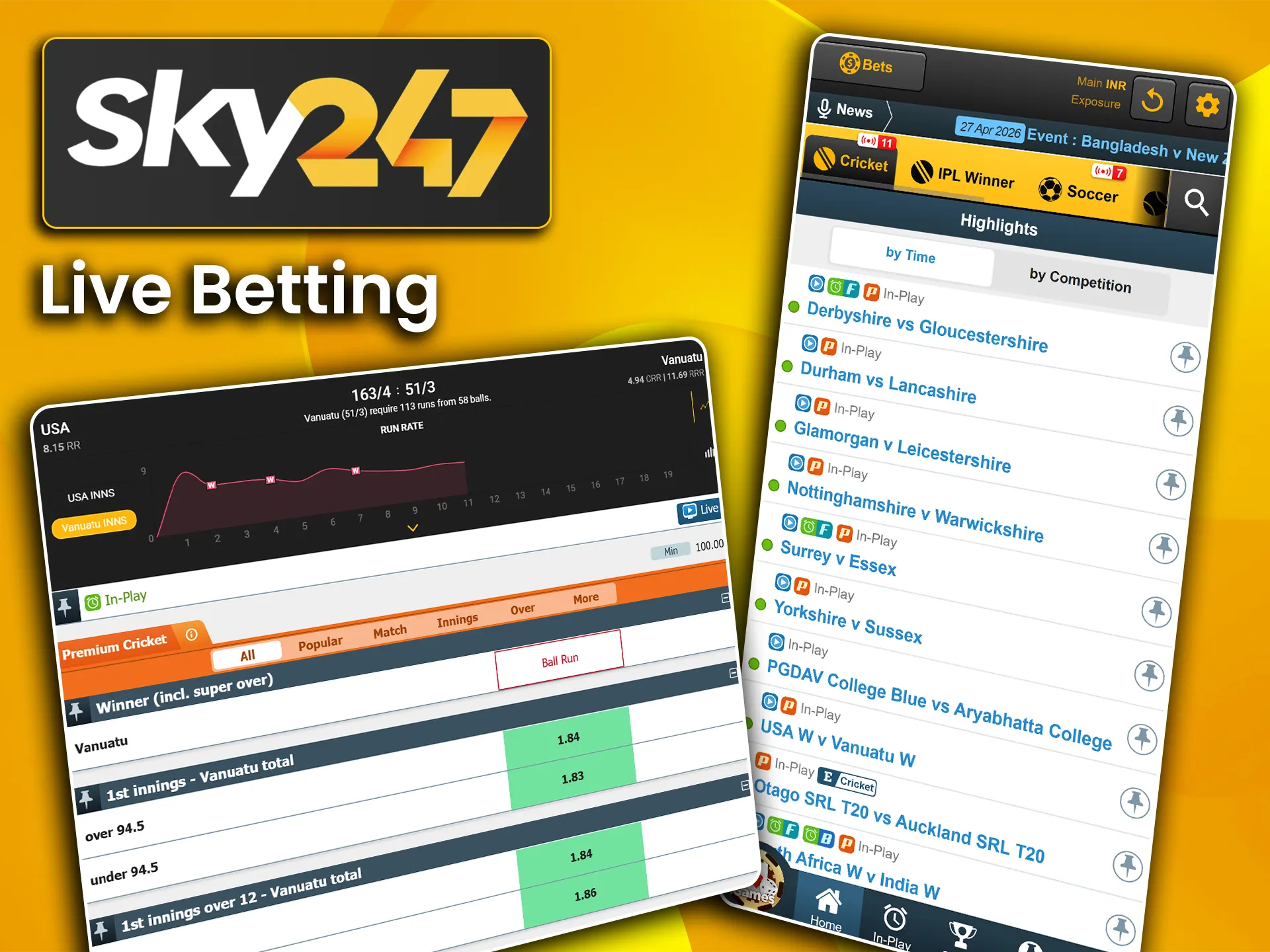 Place live cricket bets on Sky247.