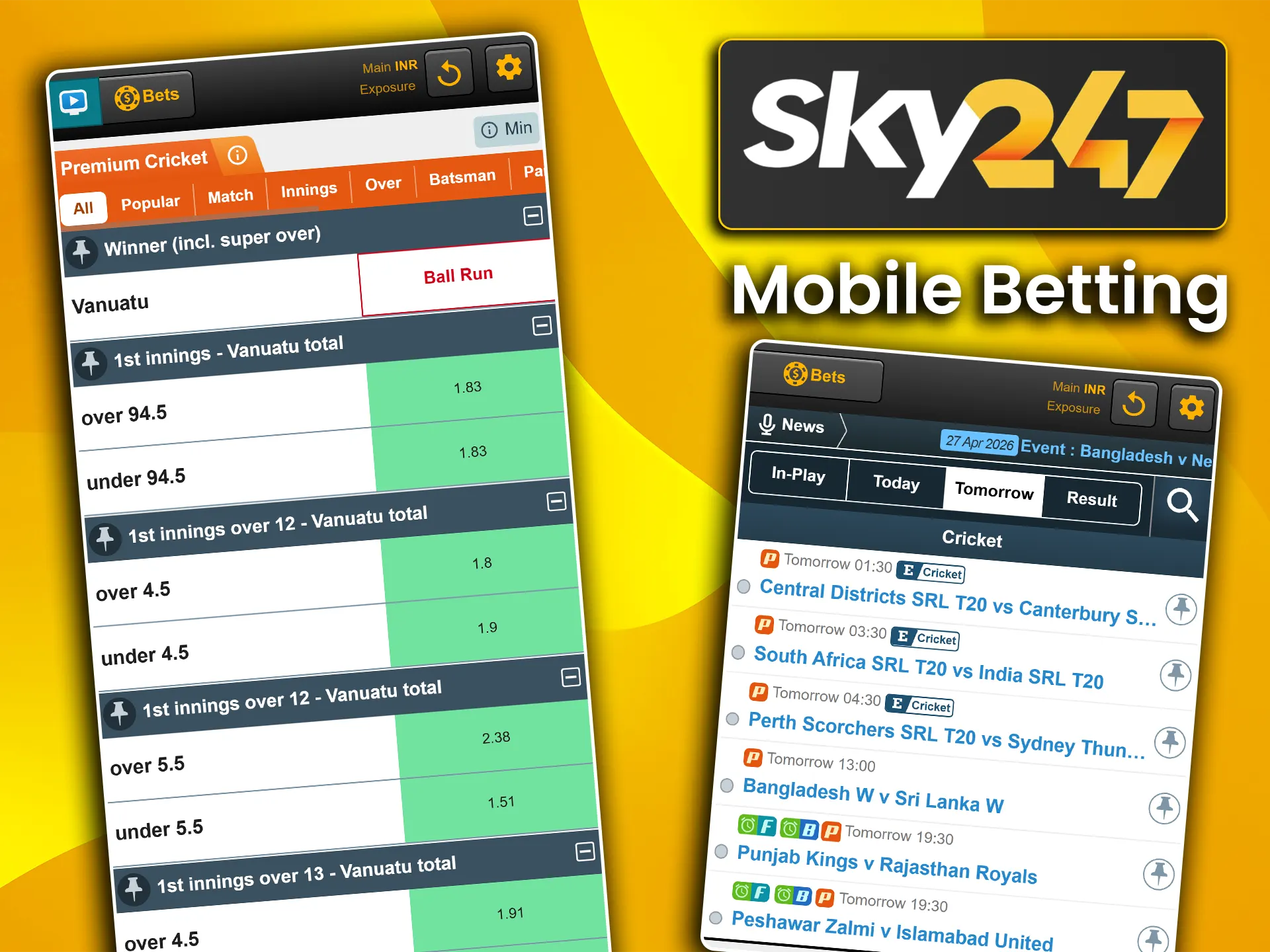 Bet on international matches on the go with mobile cricket betting via the app on Sky247.