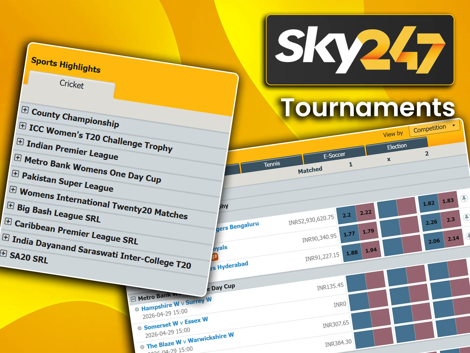 Explore the best odds for popular cricket tournaments and leagues in India on Sky247.
