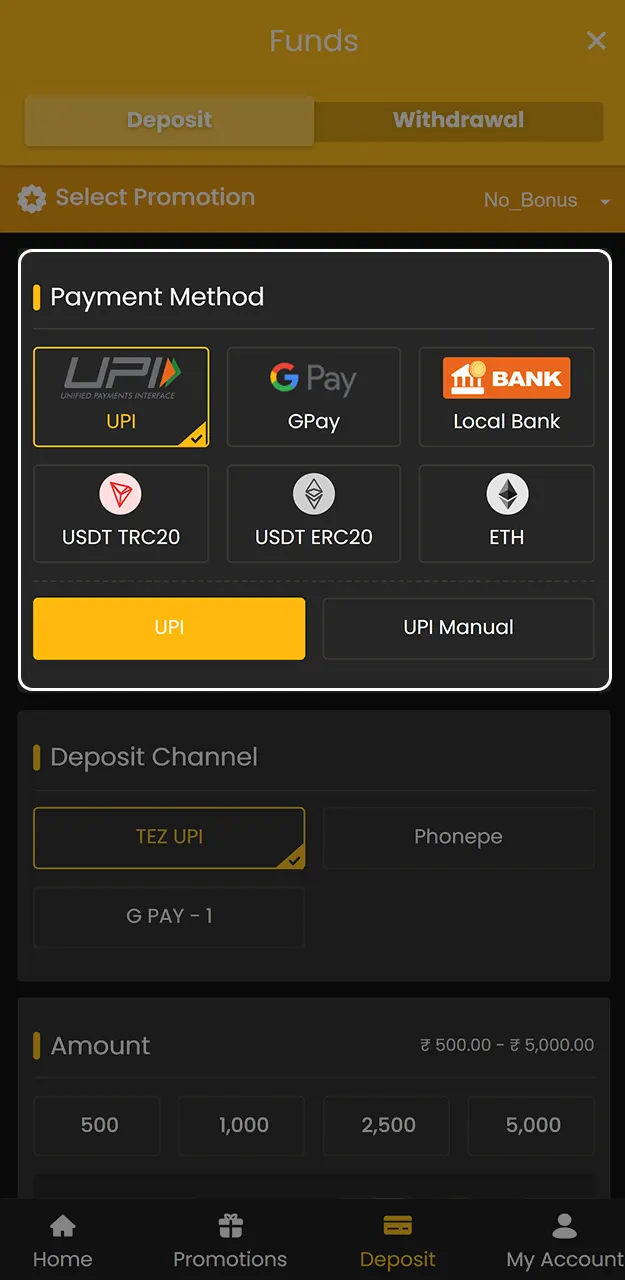 Select the most convenient option to choose your deposit method from the list on Sky247.
