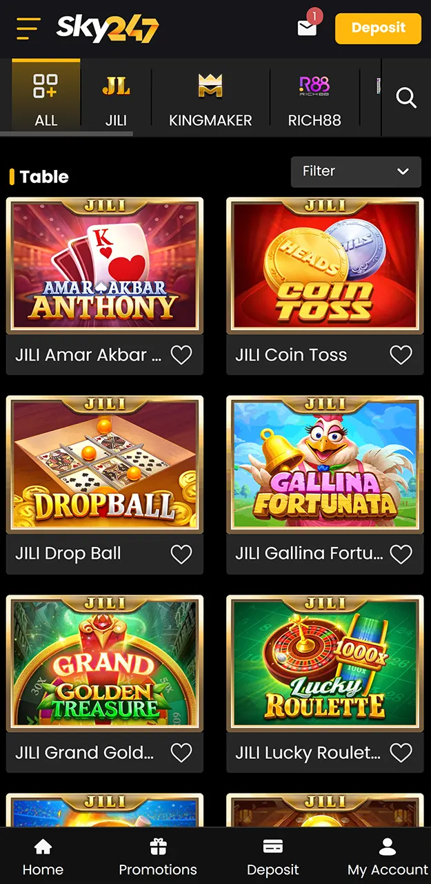 Choose your favorite category and start to play slots and tables for real money on Sky247.