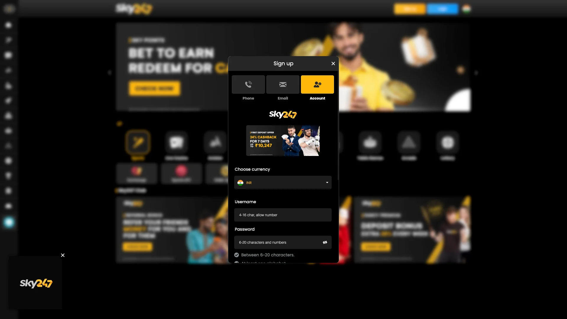 Sign up at Sky247 Casino.