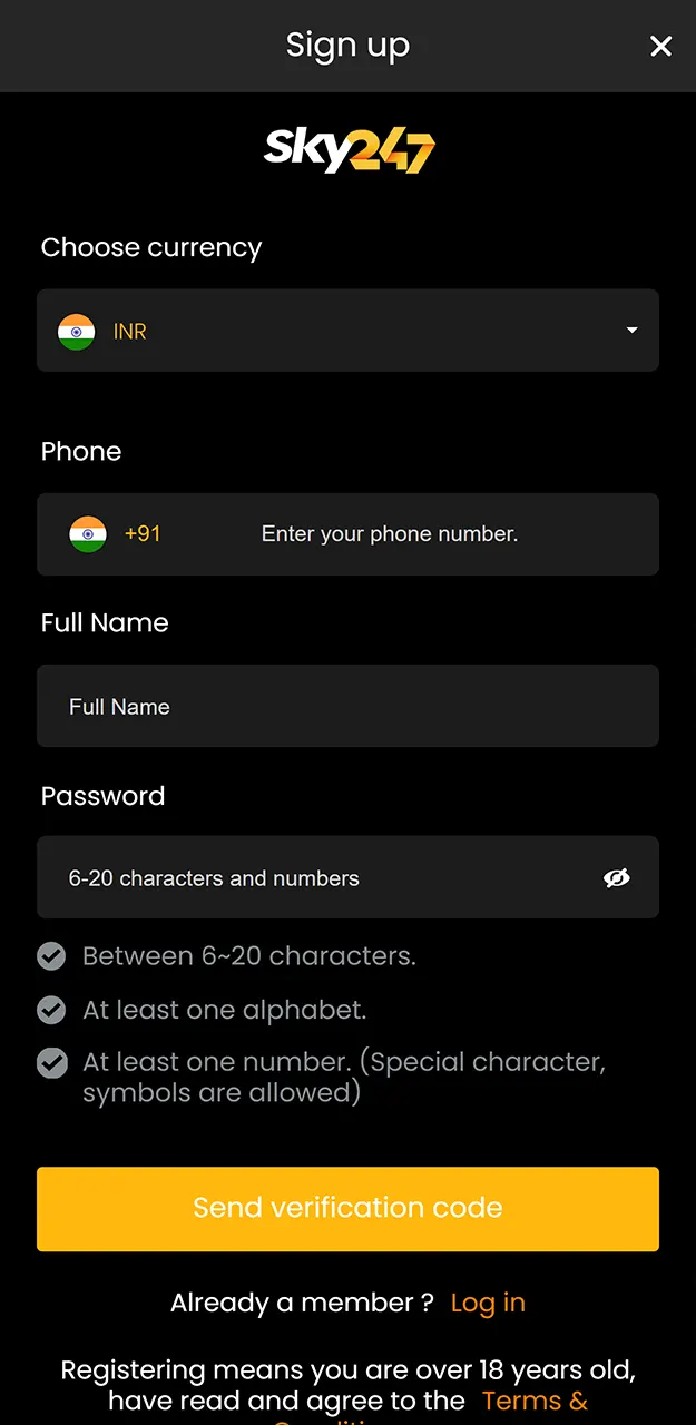 Provide your name and password to fill your details in the mobile registration form on Sky247.