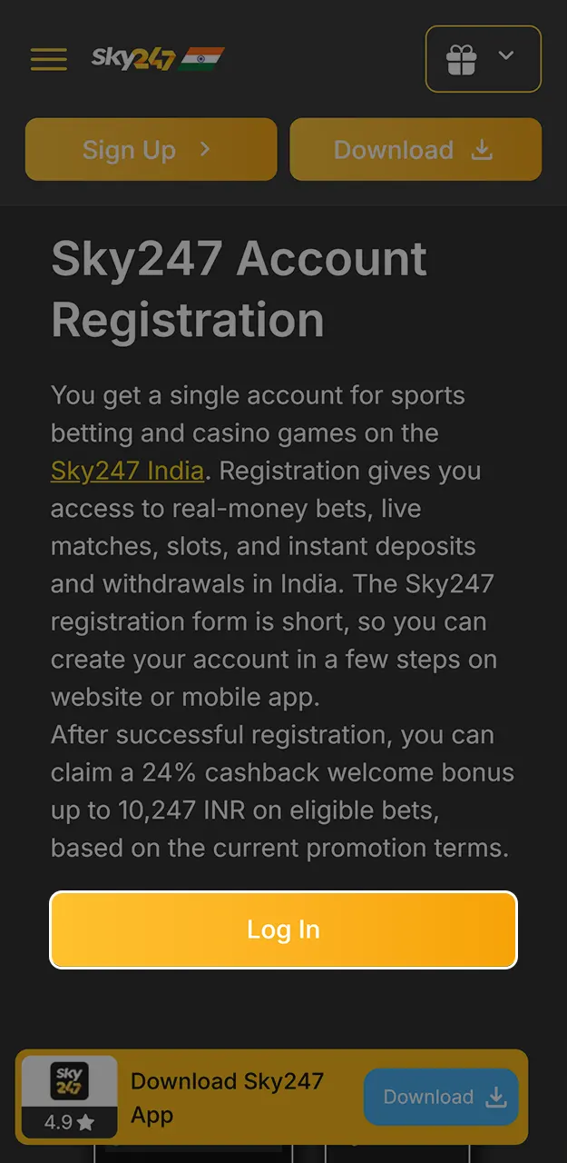 Log in to your account on Sky247.