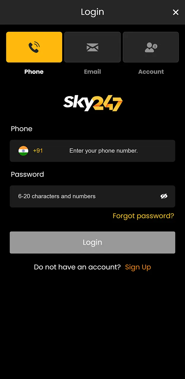 Input your username and private password to enter your credentials for authentication on Sky247.
