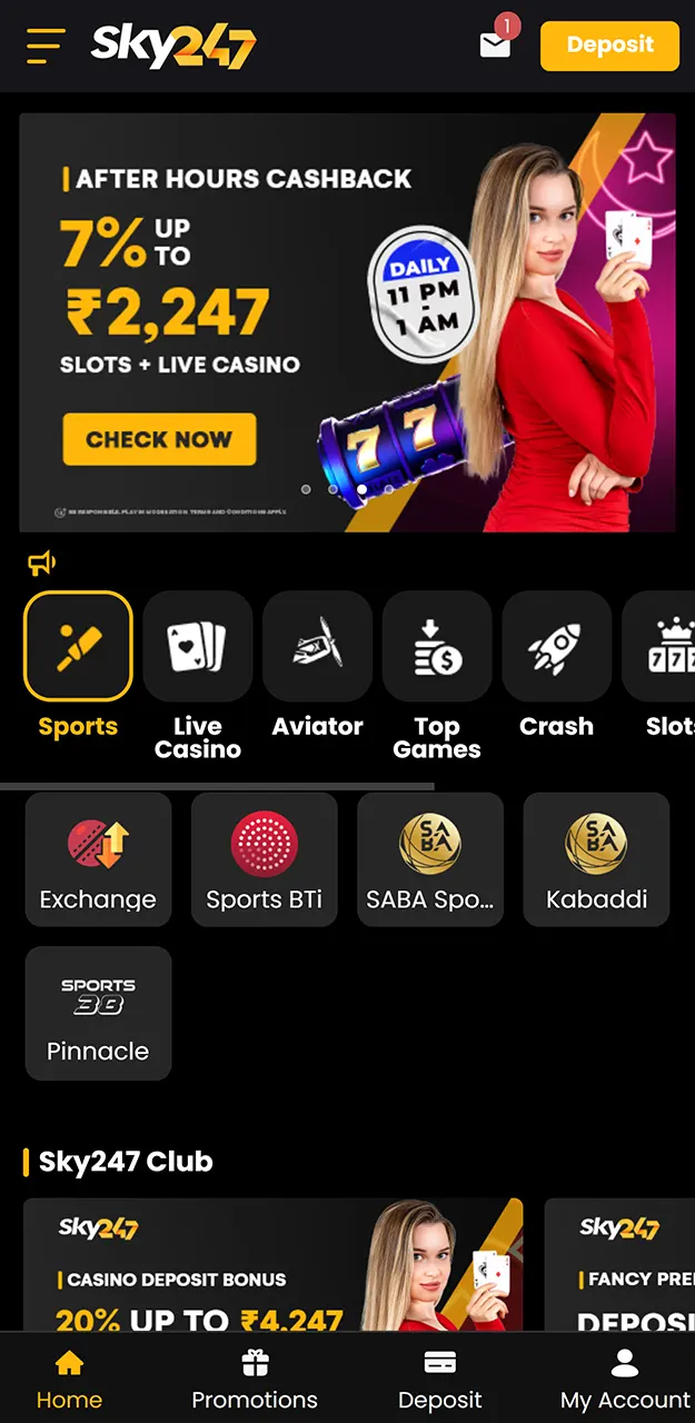 Navigate to the sports or casino lobby to start playing with your real money balance on Sky247.
