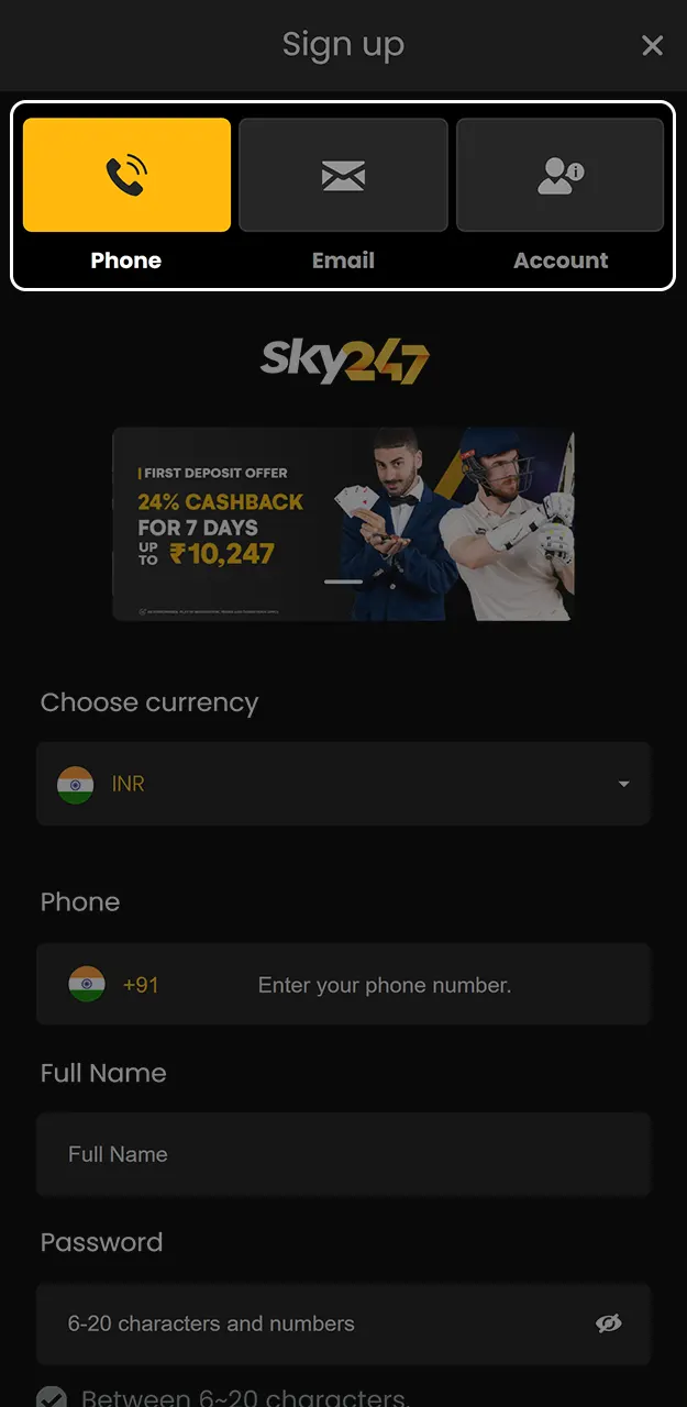 Select between the available options to choose your registration method on Sky247.