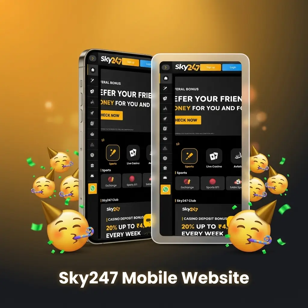 Sky247 mobile website interface on smartphone showing sports betting and casino games accessible via browser