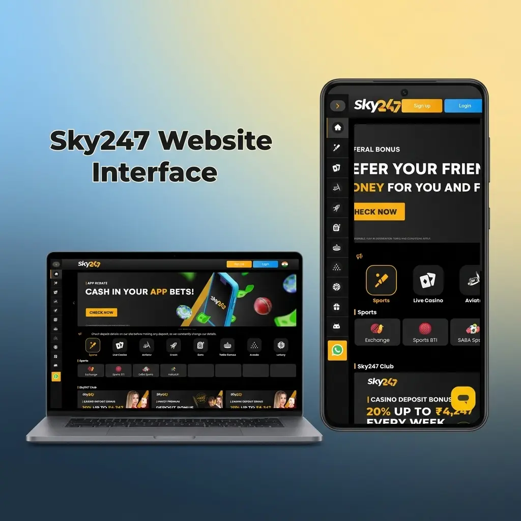 Sky247 website interface showing top navigation bar with Sports, Casino, Live Casino, eSports, Promotions, and Account links